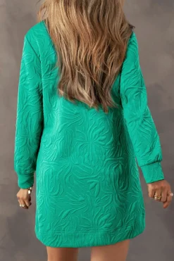 Discount Dear-Lover Jacquard Textured Quarter Zipper Shift Mini Dress Sea Green
