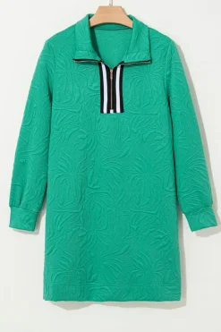 Discount Dear-Lover Jacquard Textured Quarter Zipper Shift Mini Dress Sea Green