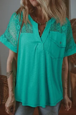 New Dear-Lover Lace Patchwork Split Neck Textured Short Sleeve Blouse Sea Green