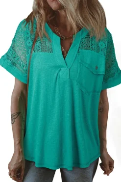 New Dear-Lover Lace Patchwork Split Neck Textured Short Sleeve Blouse Sea Green