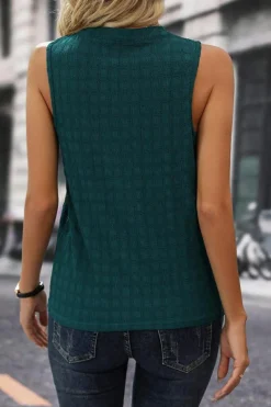 New Dear-Lover Lattice Textured Split Neck Tank Top Sea Green