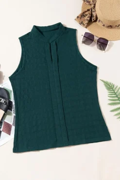 New Dear-Lover Lattice Textured Split Neck Tank Top Sea Green