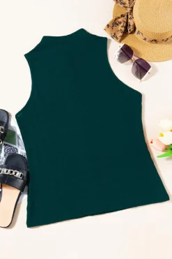 New Dear-Lover Lattice Textured Split Neck Tank Top Sea Green