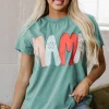 Fashion Dear-Lover MAMA Printed Mineral Wash Crewneck T Shirt Sea Green