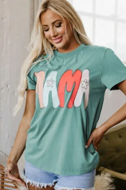 Fashion Dear-Lover MAMA Printed Mineral Wash Crewneck T Shirt Sea Green