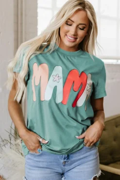 Fashion Dear-Lover MAMA Printed Mineral Wash Crewneck T Shirt Sea Green