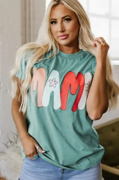 Fashion Dear-Lover MAMA Printed Mineral Wash Crewneck T Shirt Sea Green
