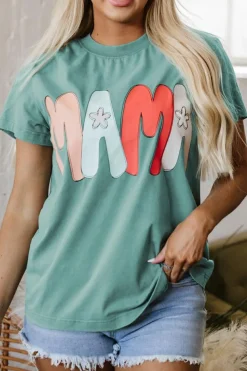 Fashion Dear-Lover MAMA Printed Mineral Wash Crewneck T Shirt Sea Green