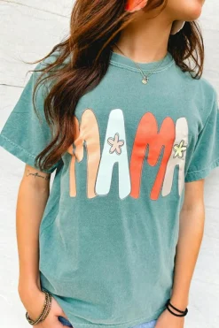Fashion Dear-Lover MAMA Printed Mineral Wash Crewneck T Shirt Sea Green