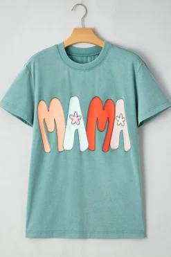 Fashion Dear-Lover MAMA Printed Mineral Wash Crewneck T Shirt Sea Green