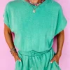 Online Dear-Lover Mineral Wash Drawstring Waist Hollow Out Back Short Sleeve Romper Sea Green