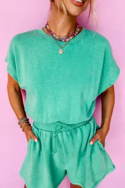 Online Dear-Lover Mineral Wash Drawstring Waist Hollow Out Back Short Sleeve Romper Sea Green