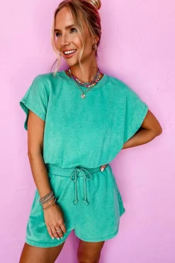 Online Dear-Lover Mineral Wash Drawstring Waist Hollow Out Back Short Sleeve Romper Sea Green
