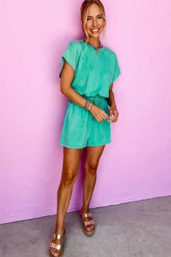 Online Dear-Lover Mineral Wash Drawstring Waist Hollow Out Back Short Sleeve Romper Sea Green