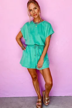 Online Dear-Lover Mineral Wash Drawstring Waist Hollow Out Back Short Sleeve Romper Sea Green