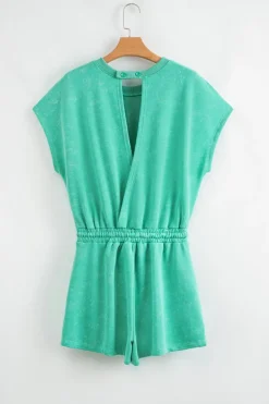 Online Dear-Lover Mineral Wash Drawstring Waist Hollow Out Back Short Sleeve Romper Sea Green