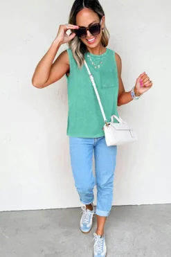 Discount Dear-Lover Mineral Wash Patched Chest Pocket Casual Tank Top Sea Green