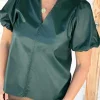 Hot Dear-Lover  Notched V Neck Short Puff Sleeve PU Leather Blouse Sea Green