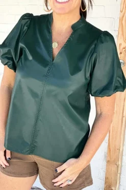 Hot Dear-Lover  Notched V Neck Short Puff Sleeve PU Leather Blouse Sea Green