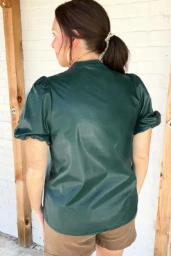 Hot Dear-Lover  Notched V Neck Short Puff Sleeve PU Leather Blouse Sea Green
