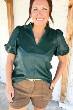 Hot Dear-Lover  Notched V Neck Short Puff Sleeve PU Leather Blouse Sea Green