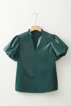 Hot Dear-Lover  Notched V Neck Short Puff Sleeve PU Leather Blouse Sea Green
