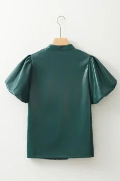 Hot Dear-Lover  Notched V Neck Short Puff Sleeve PU Leather Blouse Sea Green