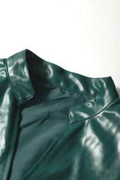 Hot Dear-Lover  Notched V Neck Short Puff Sleeve PU Leather Blouse Sea Green