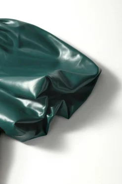 Hot Dear-Lover  Notched V Neck Short Puff Sleeve PU Leather Blouse Sea Green