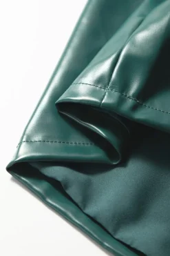 Hot Dear-Lover  Notched V Neck Short Puff Sleeve PU Leather Blouse Sea Green