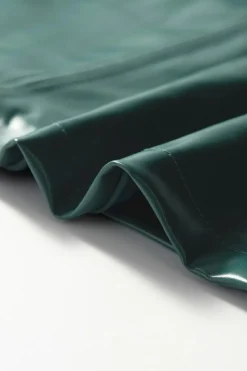 Hot Dear-Lover  Notched V Neck Short Puff Sleeve PU Leather Blouse Sea Green