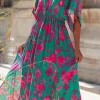 New Dear-Lover Printed V Neck Short Sleeve Split Flared Maxi Dress Sea Green