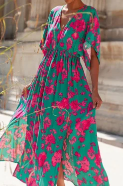 New Dear-Lover Printed V Neck Short Sleeve Split Flared Maxi Dress Sea Green