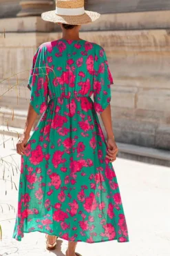 New Dear-Lover Printed V Neck Short Sleeve Split Flared Maxi Dress Sea Green