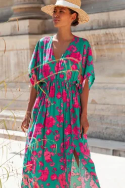 New Dear-Lover Printed V Neck Short Sleeve Split Flared Maxi Dress Sea Green