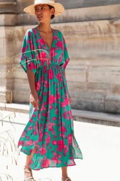 New Dear-Lover Printed V Neck Short Sleeve Split Flared Maxi Dress Sea Green