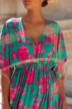 New Dear-Lover Printed V Neck Short Sleeve Split Flared Maxi Dress Sea Green