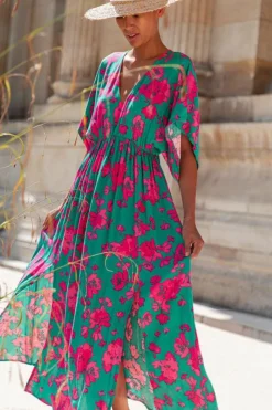 New Dear-Lover Printed V Neck Short Sleeve Split Flared Maxi Dress Sea Green