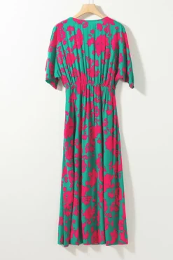 New Dear-Lover Printed V Neck Short Sleeve Split Flared Maxi Dress Sea Green