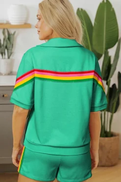 Sale Dear-Lover Rainbow Colorblock Collared Short Sleeve Top 2 Piece Shorts Set Sea Green