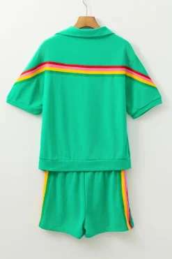 Sale Dear-Lover Rainbow Colorblock Collared Short Sleeve Top 2 Piece Shorts Set Sea Green