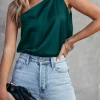 Fashion Dear-Lover Satin One Shoulder Loose Tank Top Sea Green