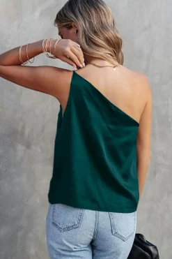 Fashion Dear-Lover Satin One Shoulder Loose Tank Top Sea Green