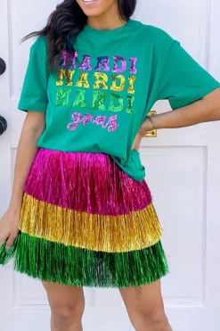 Sale Dear-Lover Sequin Mardi Gras Letter Graphic T Shirt Sea Green