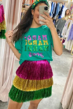 Sale Dear-Lover Sequin Mardi Gras Letter Graphic T Shirt Sea Green