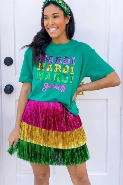 Sale Dear-Lover Sequin Mardi Gras Letter Graphic T Shirt Sea Green