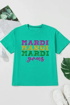Sale Dear-Lover Sequin Mardi Gras Letter Graphic T Shirt Sea Green