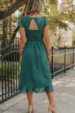 Clearance Dear-Lover Shirred Open Back Sweetheart Neck Ruffled Midi Dress Sea Green