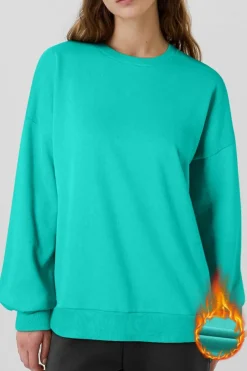 Discount Dear-Lover Solid Fleece Lined Drop Shoulder High Low Sweatshirt Sea Green