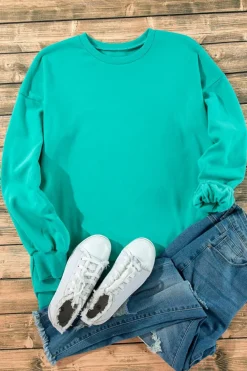 Discount Dear-Lover Solid Fleece Lined Drop Shoulder High Low Sweatshirt Sea Green